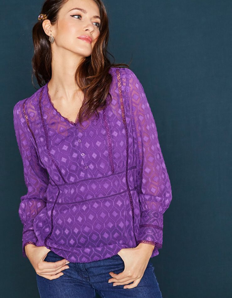 Blouse en voile jacquard dentelle - col V (violet) Blouse en voile jacquard dentelle - col V (violet)