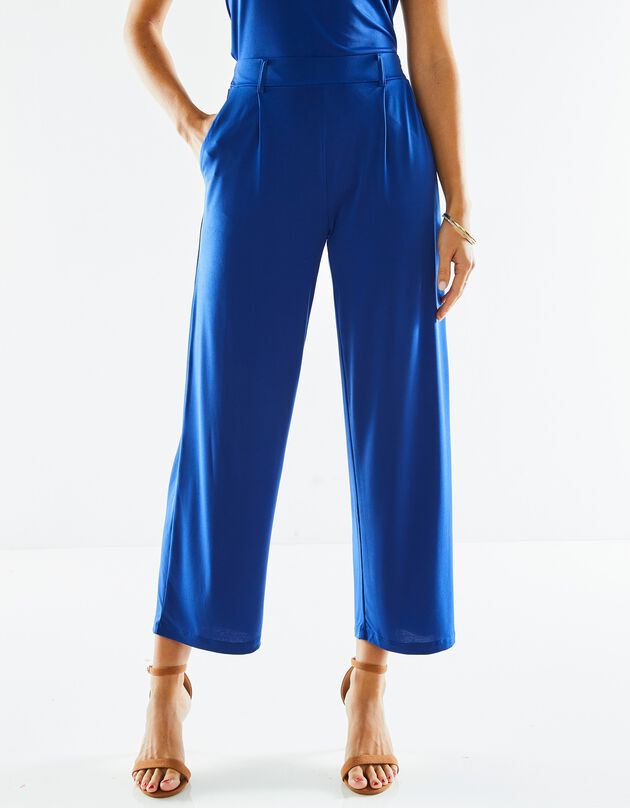 Pantalon large raccourci, maille fluide stretch (bleu dur)