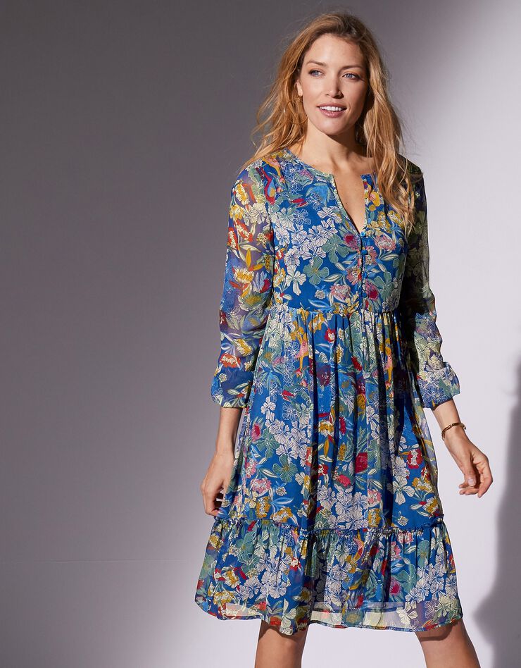 Robe col fendu imprimée, voile (bleu nuit / vert)