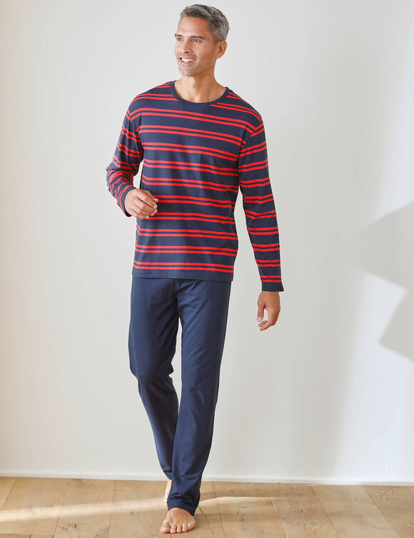Pyjama coton rayé manches longues (marine / rouge)