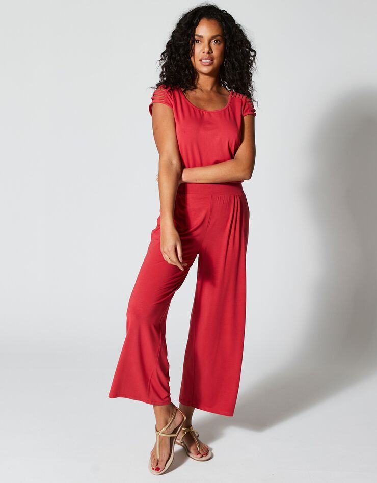 Pantalon large 7/8ème taille élastiquée maille fluide unie (rouge)