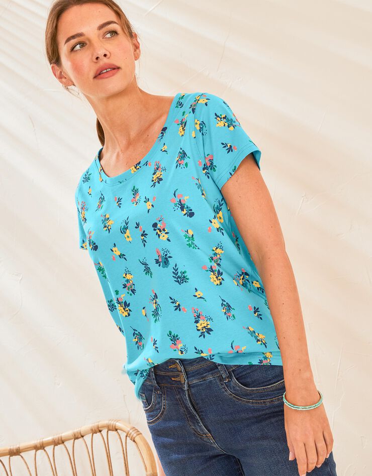 Tee-shirt col rond imprimé fleuri coton bio (turquoise) Tee-shirt col rond imprimé fleuri coton bio (turquoise)