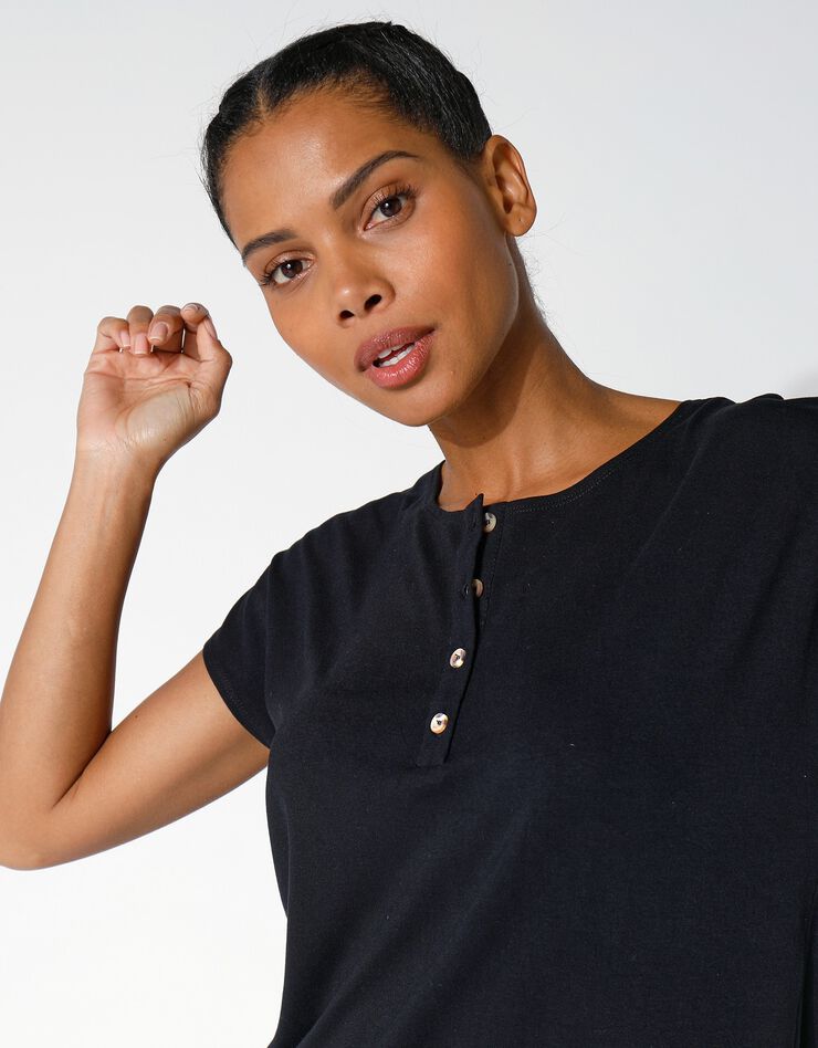 Tee-shirt col tunisien uni, maille fluide (noir) Tee-shirt col tunisien uni, maille fluide (noir)