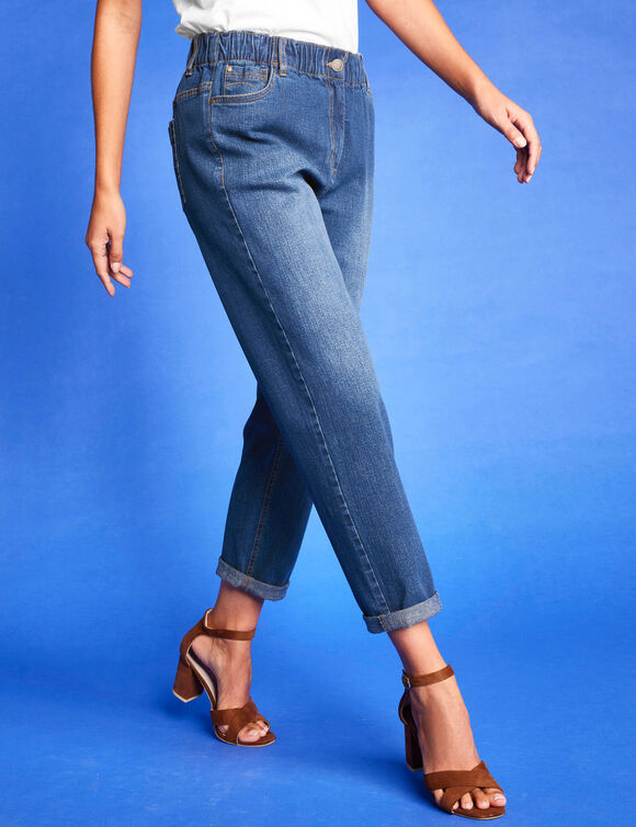 Jean stretch coupe mom confort, taille élastiquée (stone)