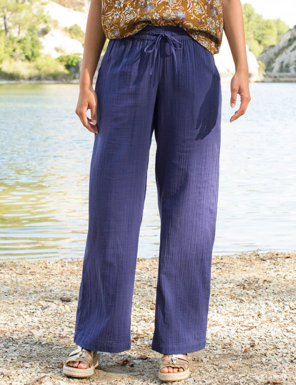 Pantalon large taille haute, gaze de coton (indigo)