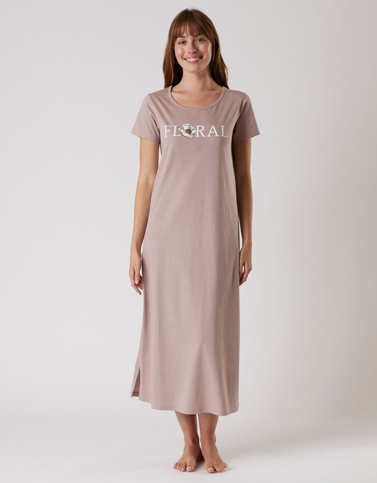 Chemise de nuit longue manches courtes en coton motif "Floral"  (taupe)