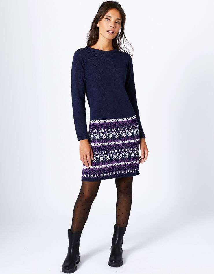 Robe pull unie base à motifs jacquard - manches longues (marine / violine) Robe pull unie base à motifs jacquard - manches longues (marine / violine)