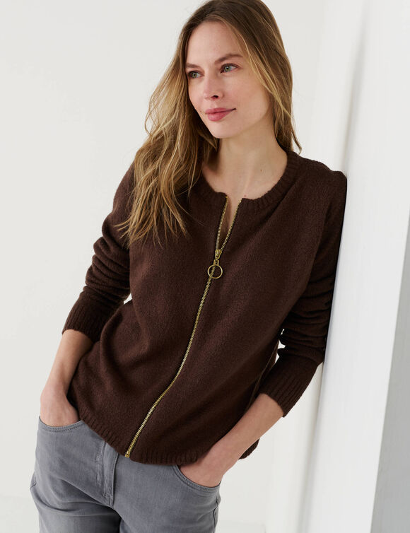 Cardigan zipp&eacute;, maille moelleuse (chocolat)