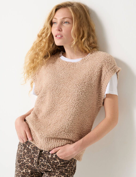 Pull sans manches maille bouclette, épaules tombantes (beige)