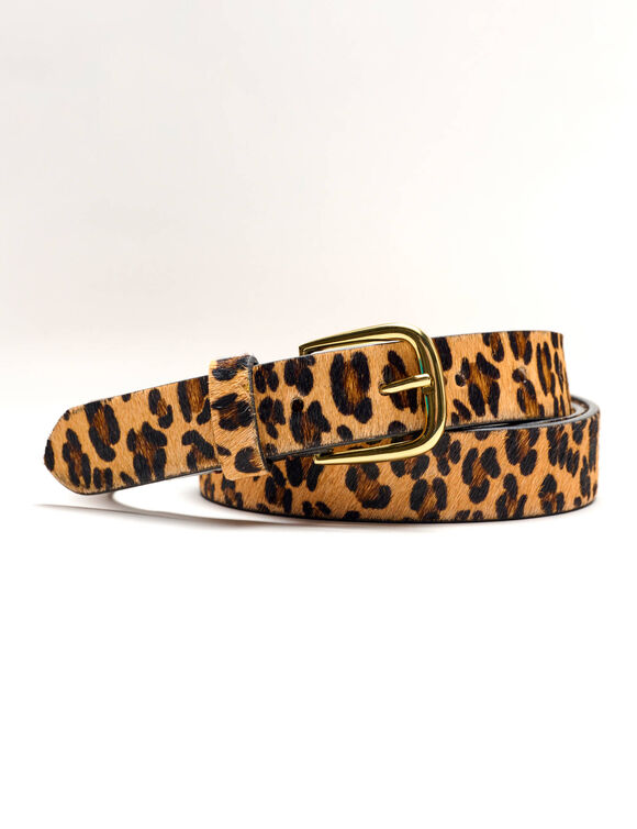 Ceinture en cuir imprimé léopard, effet poilu (beige / noir)