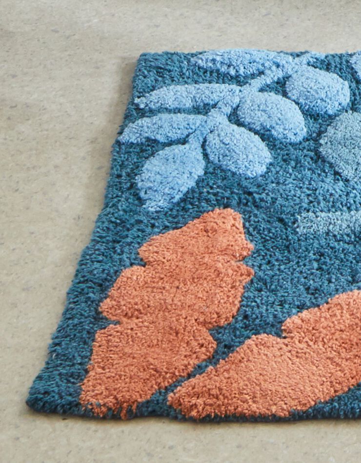Tapis de bain pur coton motif feuillage (bleu / orange) Tapis de bain pur coton motif feuillage (bleu / orange)
