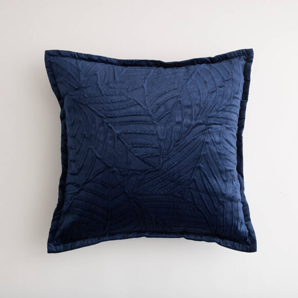 Coussin carr&eacute; en velours, motif feuillage reli&eacute;f&eacute; (bleu marine)