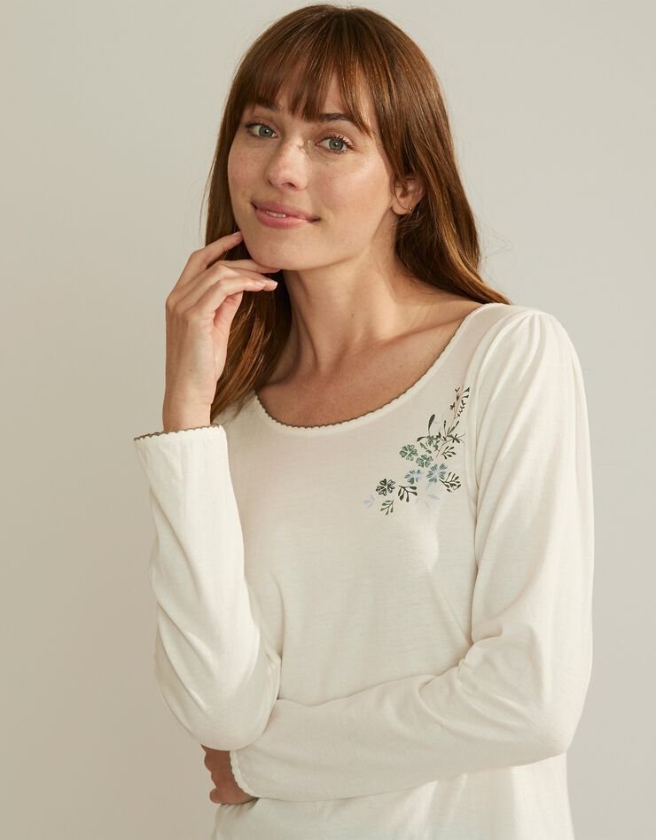 Tee-shirt de pyjama manches longues imprimé placé fleurs (écru)