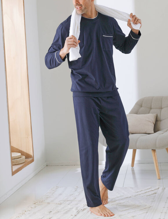 Pyjama coton passepoils contrast&eacute;s (marine)
