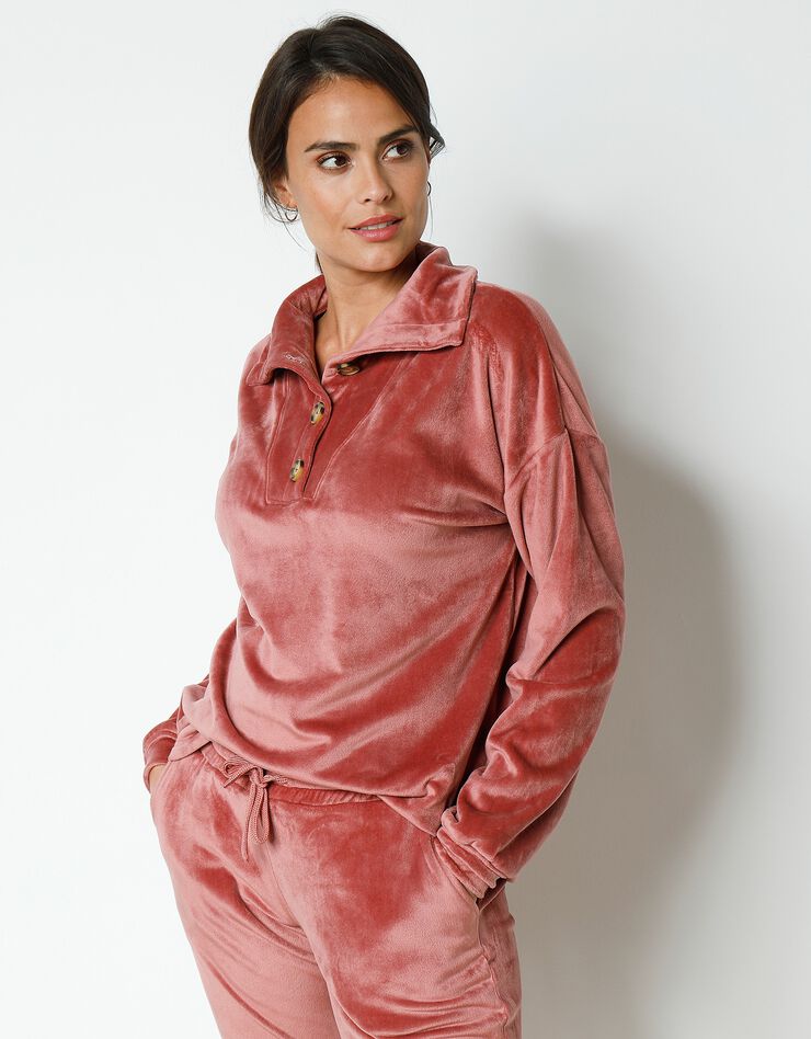 Pyjama velours stretch manches longues col boutonné (bois de rose)