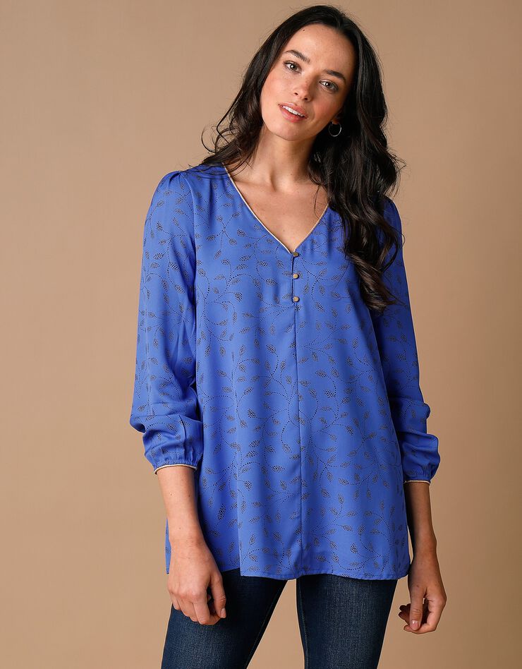 Blouse évasée détails dorés imprimé bicolore, crêpe (bleu dur / noir) Blouse évasée détails dorés imprimé bicolore, crêpe (bleu dur / noir)