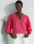 Blouse brodée en coton unie, manches 3/4 (rose)