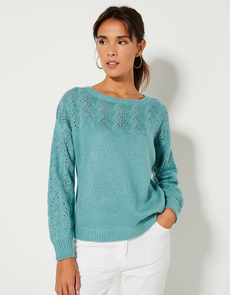 Pull manches longues blousantes, maille ajourée toucher mohair (vert grisé) Pull manches longues blousantes, maille ajourée toucher mohair (vert grisé)