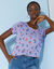 T-shirt col rond imprimé fleuri coton (mauve)