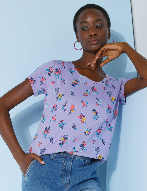 T-shirt col rond imprimé fleuri coton (mauve)