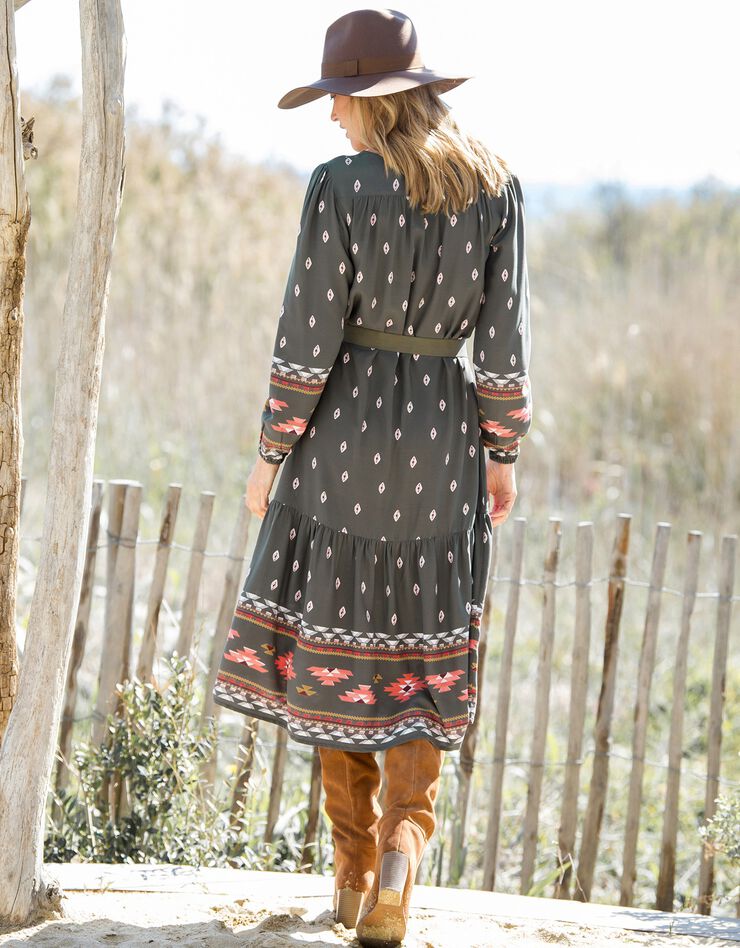 Robe longue volantée imprimé folk (bronze / paprika)