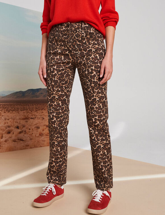 Pantalon droit, imprimé peau-de-bête (taupe / chocolat)