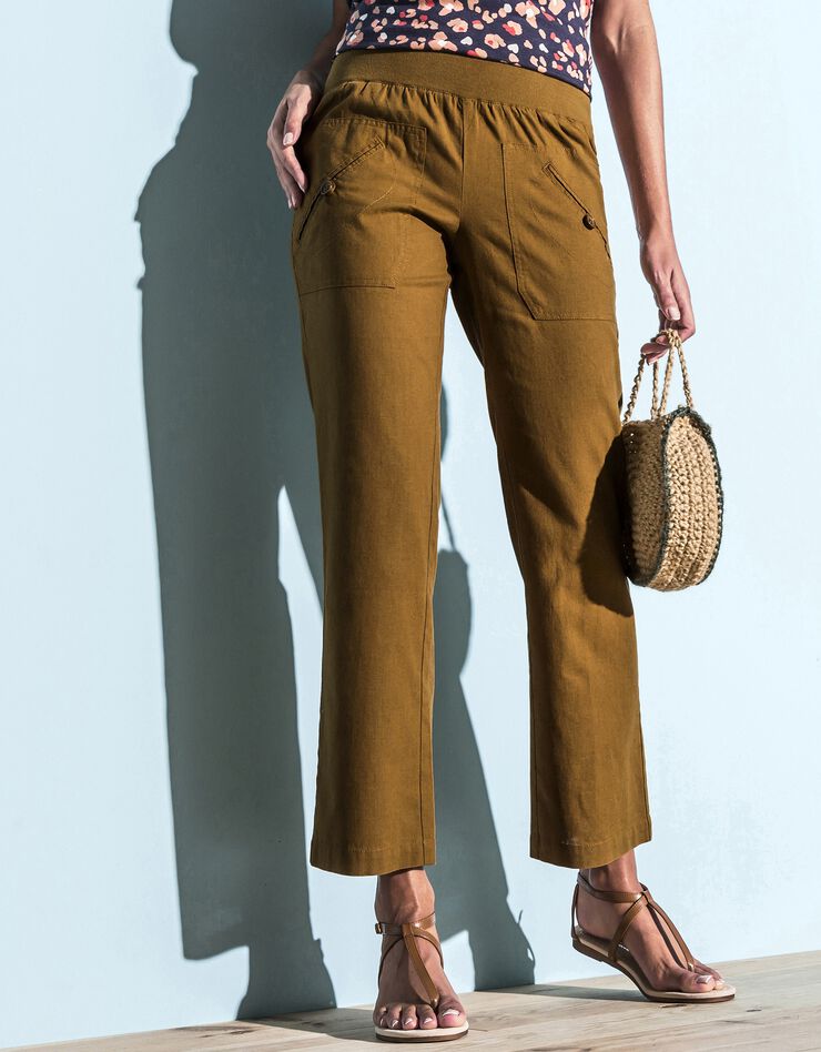 Pantalon coupe droite 7/8ème taille élastiquée, lin coton (havane) Pantalon coupe droite 7/8ème taille élastiquée, lin coton (havane)