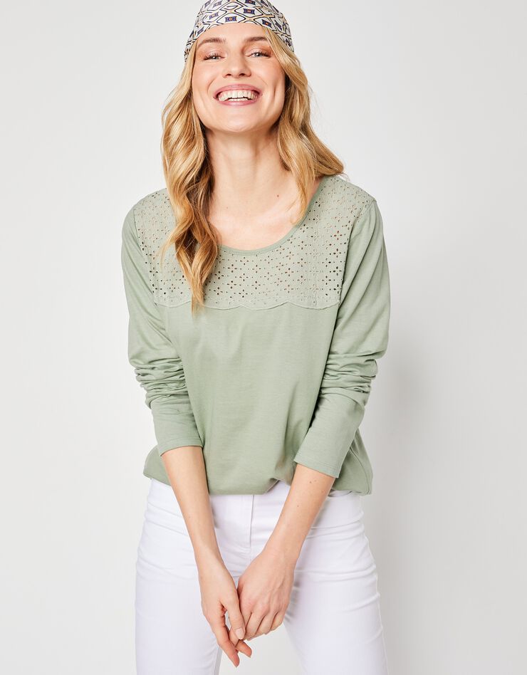 Tee-shirt manches longues, empiècement broderie anglaise (vert grisé) Tee-shirt manches longues, empiècement broderie anglaise (vert grisé)