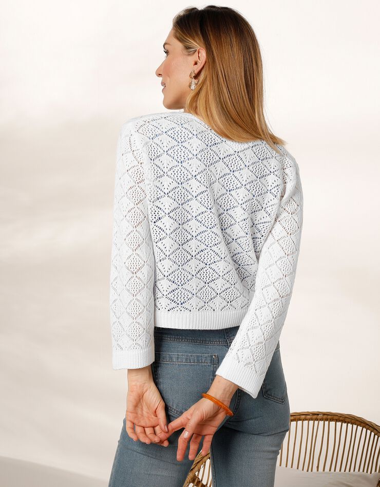 Boléro boutonné, maille ajourée toucher cachemire (blanc) Boléro boutonné, maille ajourée toucher cachemire (blanc)