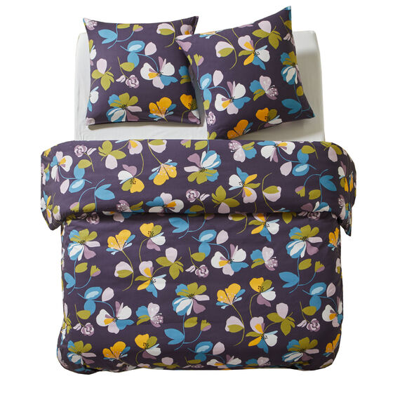 Parure de lit taie(s) + housse de couette Soizic imprimée fleurs en coton (aubergine)