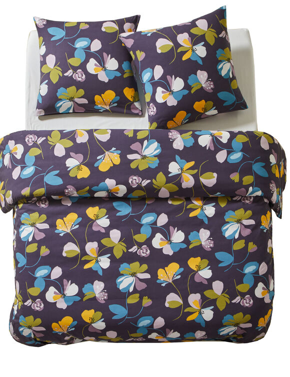 Parure de lit taie(s) + housse de couette Soizic imprimée fleurs en coton (aubergine)