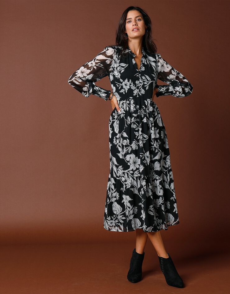 Robe imprimée à volants (noir / écru) Robe imprimée à volants (noir / écru)
