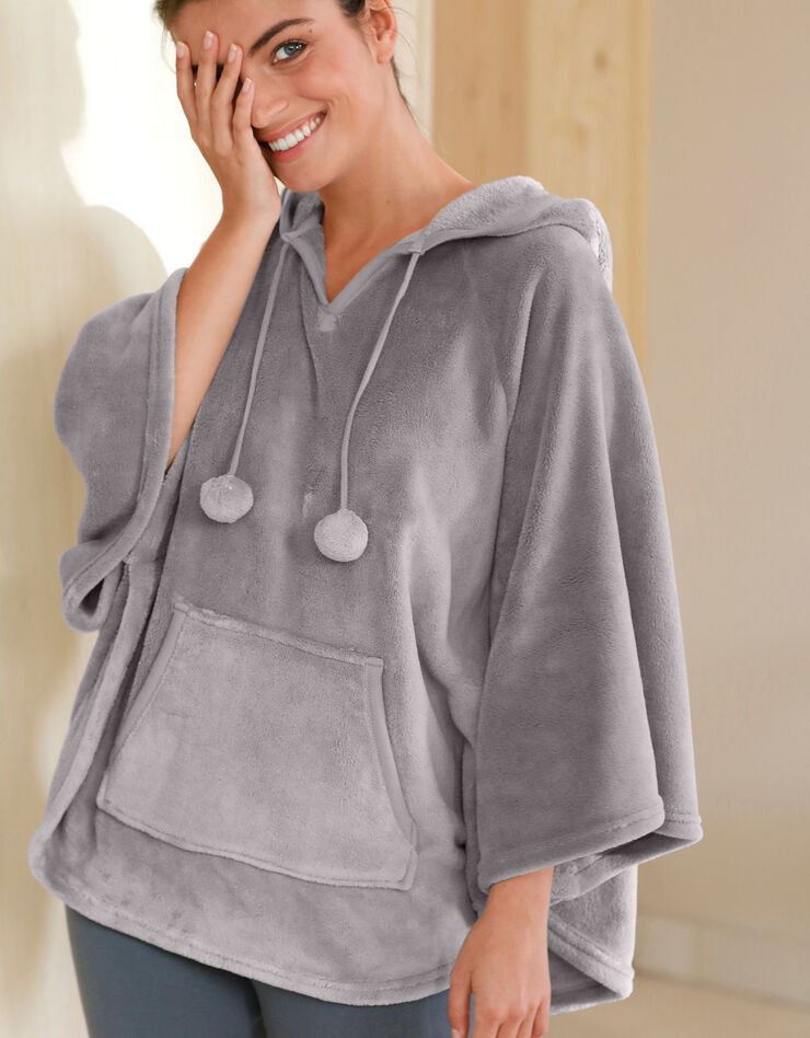 Poncho polaire toucher peluche à capuche  (gris)