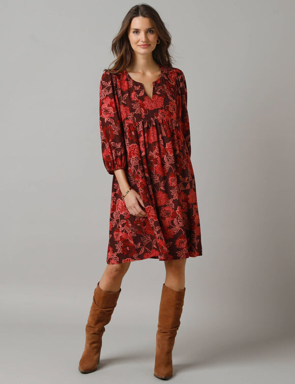 Robe courte imprimée, manches 3/4 (bordeaux / rose)