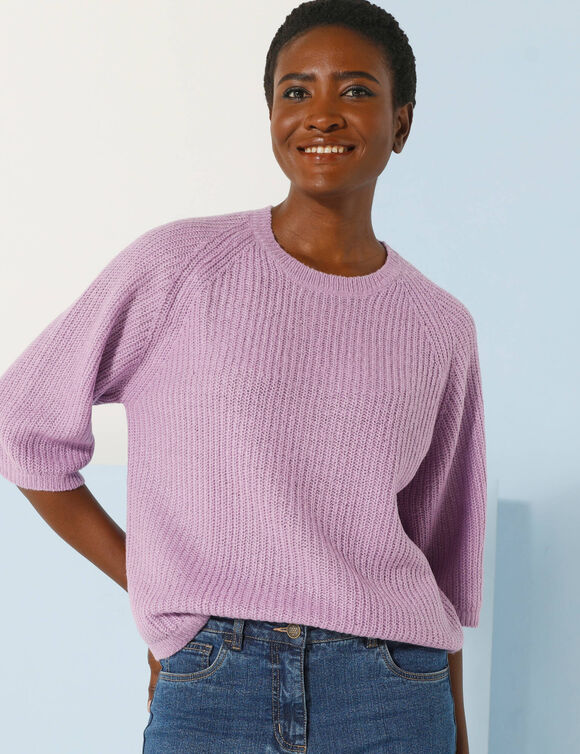 Pull manches coude, maille anglaise toucher doux (parme)