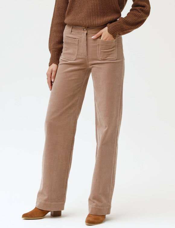 Pantalon velours coupe large taille haute, petite stature (beige)