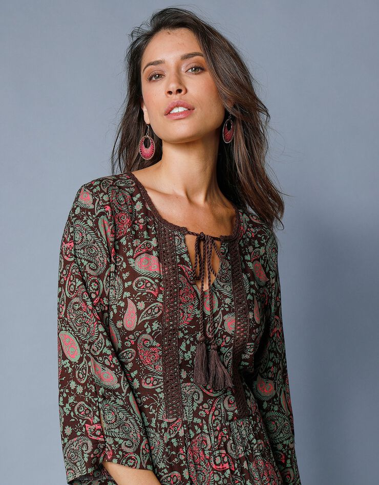 Robe longue imprimée manches 3/4 fendues (chocolat / vert)