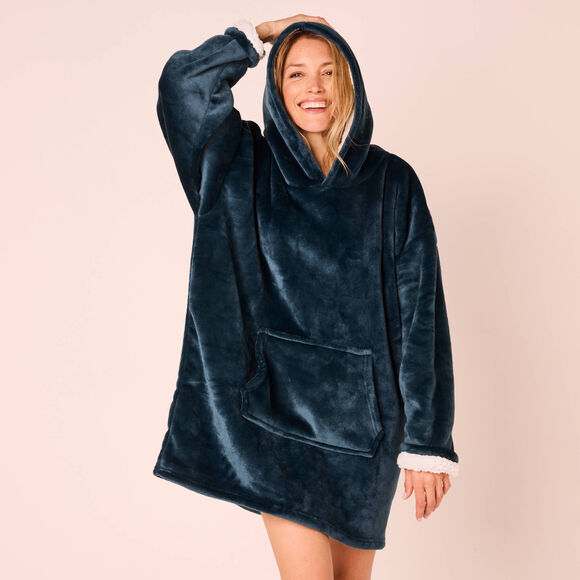 Plaid-sweat polaire à capuche doublé sherpa (bleu grisé)