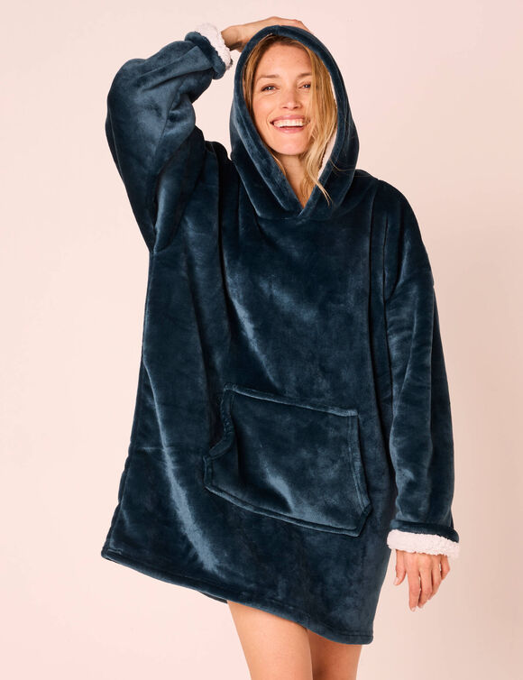 Plaid-sweat polaire à capuche doublé sherpa (bleu grisé)