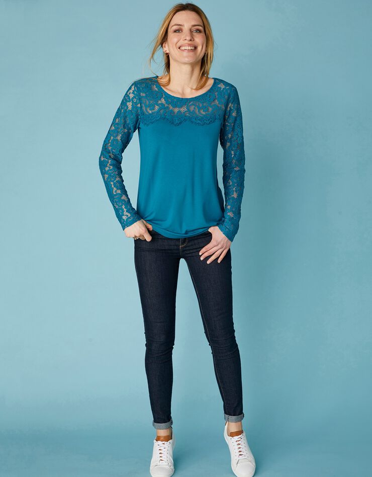 Tee-shirt col rond manches longues, dentelle jersey (bleu prusse) Tee-shirt col rond manches longues, dentelle jersey (bleu prusse)