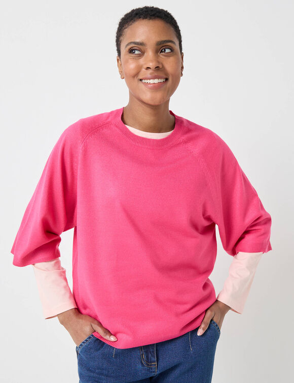 Pull loose manches coudes, toucher doux (rose fuchsia)