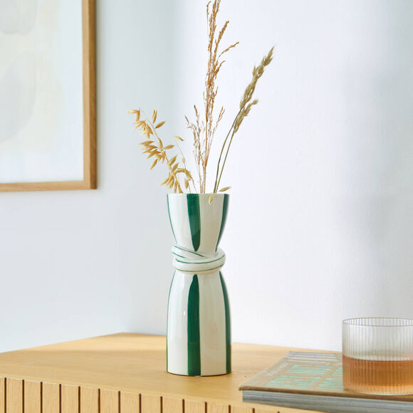 Vase gr&egrave;s ray&eacute; blanc vert  (blanc / vert)