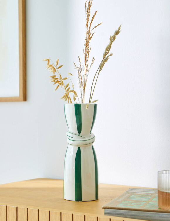Vase gr&egrave;s ray&eacute; blanc vert  (blanc / vert)