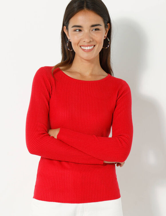 Pull col rond manches longues maille côtelée (rouge)