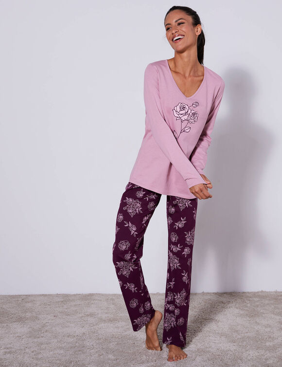 Pyjama en coton manches longues imprim&eacute; roses (prune / rose)
