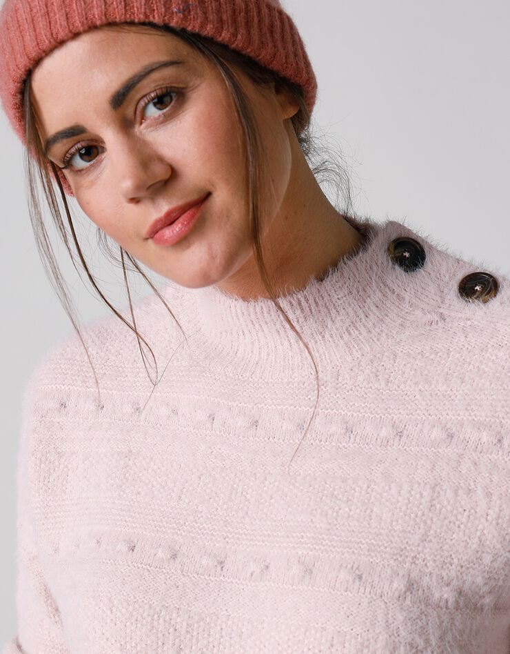 Pull col montant maille poilue fantaisie (rose poudré) Pull col montant maille poilue fantaisie (rose poudré)