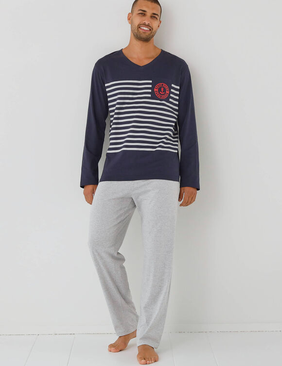 Pyjama col V &agrave; message (marine / gris chin&eacute;)