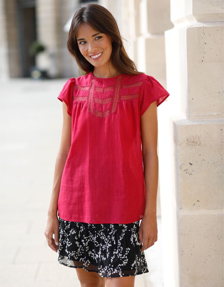Blouse unie dentelle manches volantées (fuchsia)