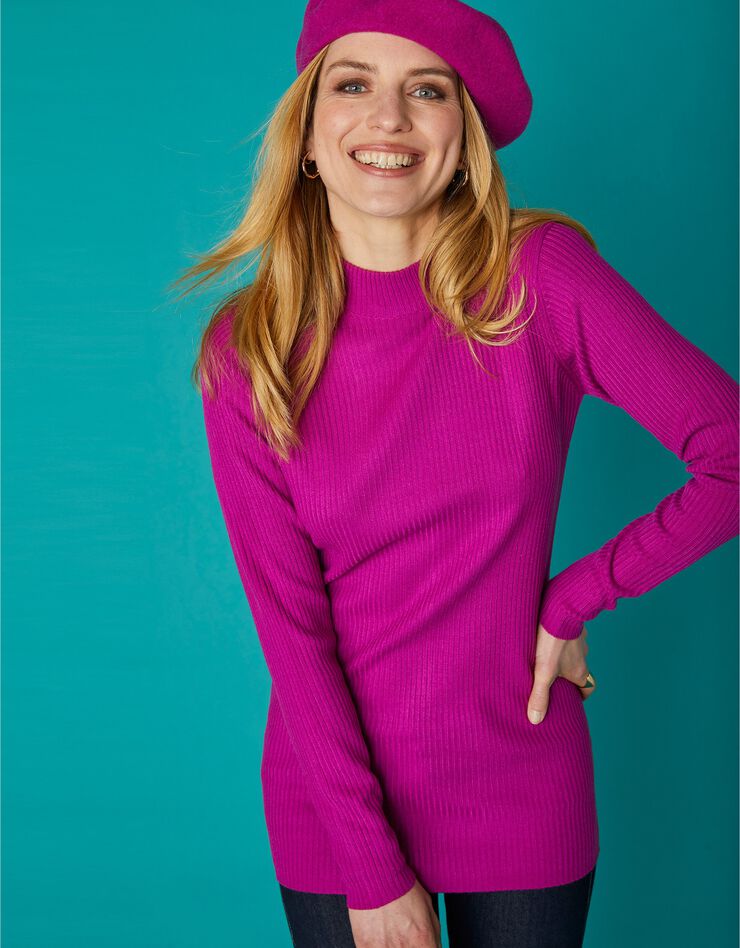 Pull col montant long, maille côtelée (rose fuchsia) Pull col montant long, maille côtelée (rose fuchsia)