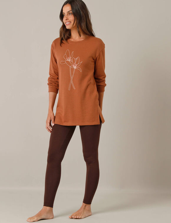 Pyjama legging en molleton, imprimé fleurs (noisette / chocolat)